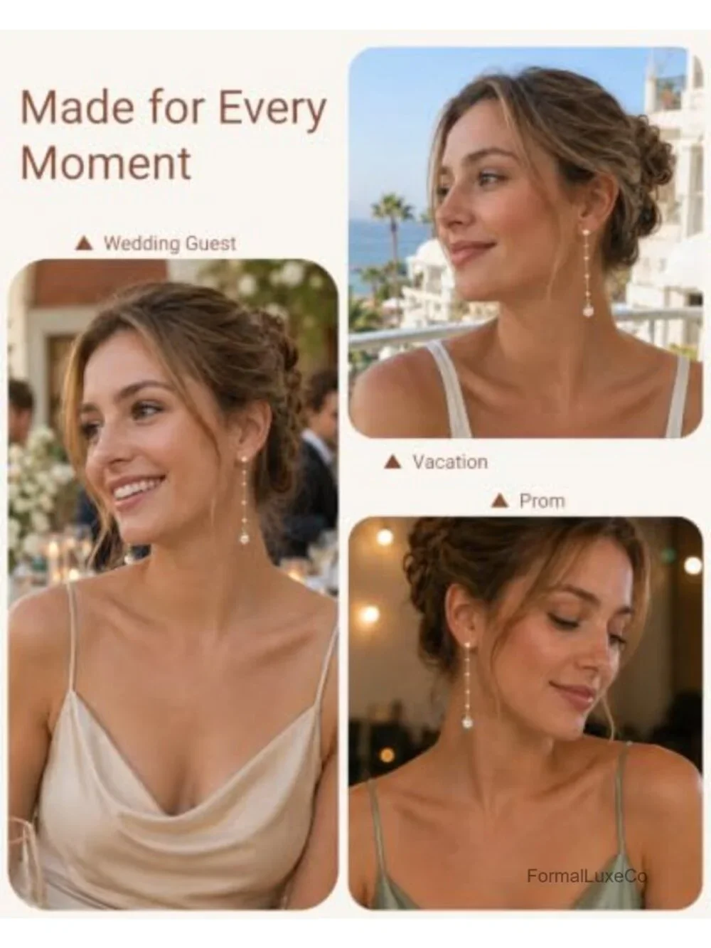 14K Gold Plated Detachable Pearl Drop Earrings Long Chain Dangle Bridal Jewelry